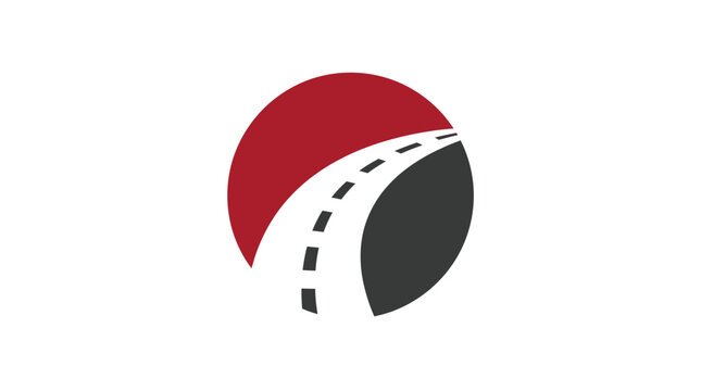 Minimalist vector graphic illustration of a curving road pathway inside a red and black circular logo icon