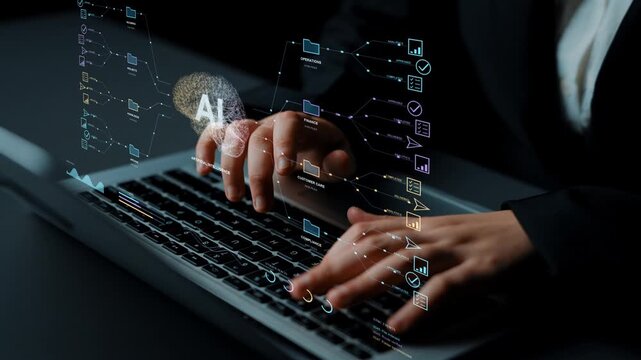 Hands type on a laptop. A document automation system connects source files with departmental activity, combining verification and routing to support controlled information exchange.