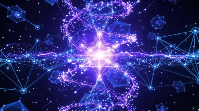 Futuristic abstract quantum technology energy burst with glowing particles and data network connections
