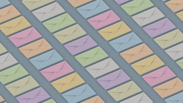 Colorful pastel envelopes arranged in a pattern. Concept of email, messaging, digital communication, correspondence, inbox and online communication. 3D Render Seamless Loop Animation