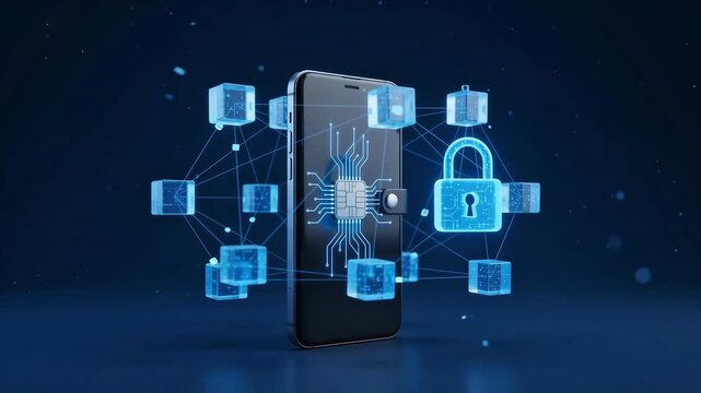 Cybersecurity animation of smartphone with floating digital data cubes and open padlock
