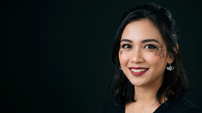 Smiling woman with Halloween spider web face paint and bat earrings