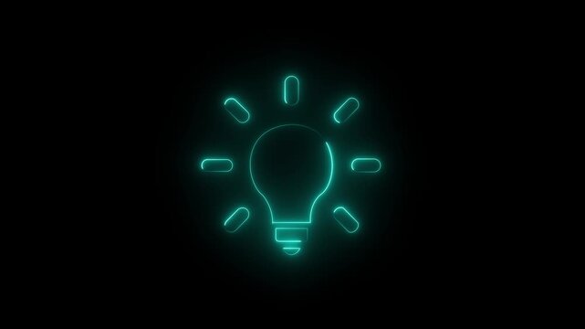 Glowing neon light bulb icon against a dark black background illustrating ideas Motion graphics of concept.