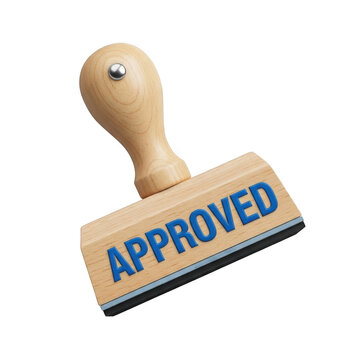 Wooden rubber stamp with blue approved text for business and office documents isolated on transparent background