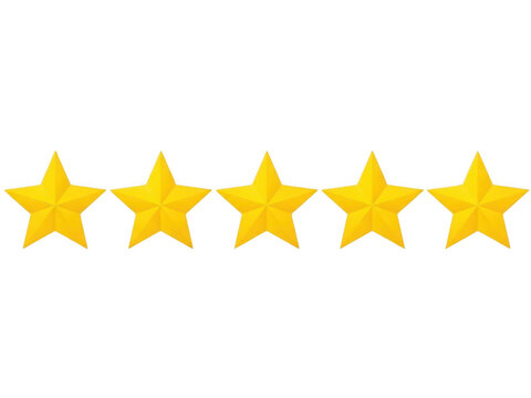 Five yellow shiny stars arranged in a row for customer feedback and rating isolated on transparent background