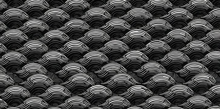 Hand-drawn fine wave outline seamless pattern Creative minimalist black & white wallpaper , elegant, subtle