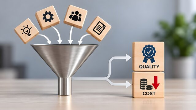 Conceptual metal funnel processing wooden blocks with business icons to demonstrate process optimization resulting in high product quality and reduced production cost.