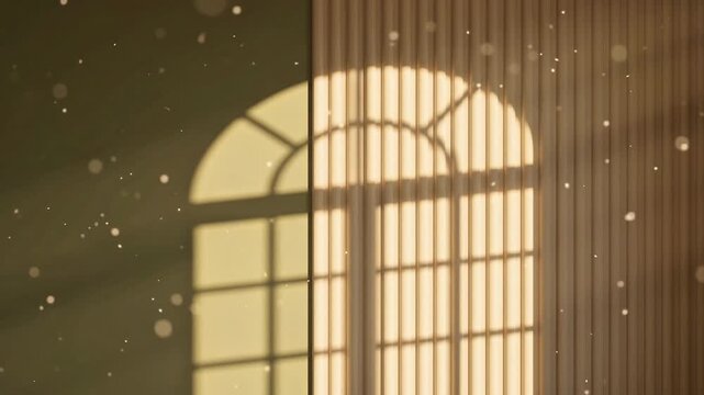 Arched window shadow on wooden slat wall with floating dust particles
