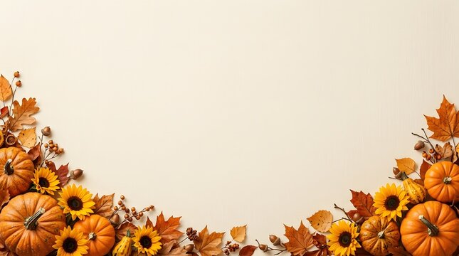 Autumn background featuring a decorative border of pumpkins sunflowers and colorful fall leaves on a light beige studio surface