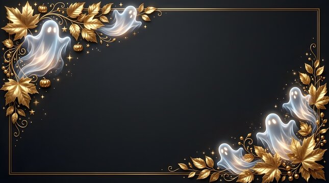 A festive halloween background featuring a dark frame decorated with glowing ghosts and golden autumn leaves for seasonal invitations