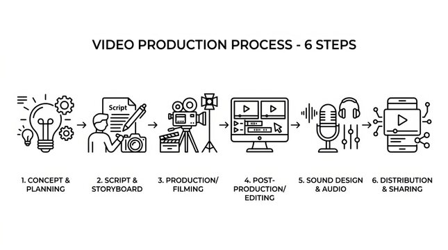 Illustrated Guide to the Six Key Steps in Video Production Process.