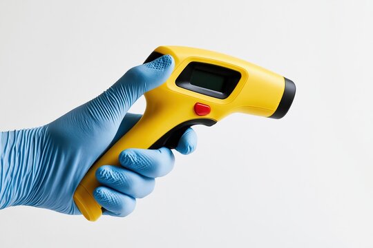 Hand in blue glove holding yellow infrared thermometer