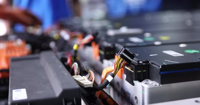 Close-up of a technician wearing orange gloves handling multipin wiring harness connectors inside an electric vehicle battery pack.