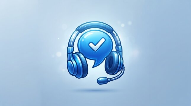 Stylized blue customer support headset icon with a checkmark symbol inside a speech bubble representing success and communication in a professional service concept, isolated on soft glowing background