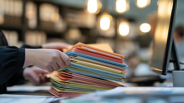 person organizing colorful folders at office desk