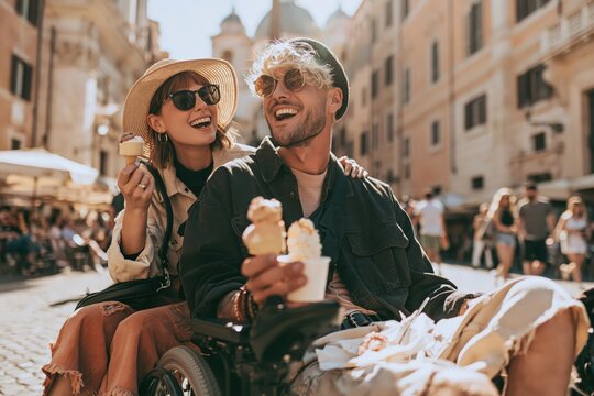 Traveler in a wheelchair enjoying gelato with a friend on a sunny piazza, with a shallow depth of field