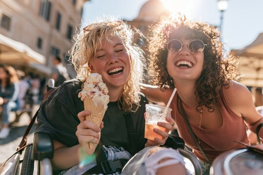 Traveler in a wheelchair enjoying gelato with a friend on a sunny piazza, with generous copy space
