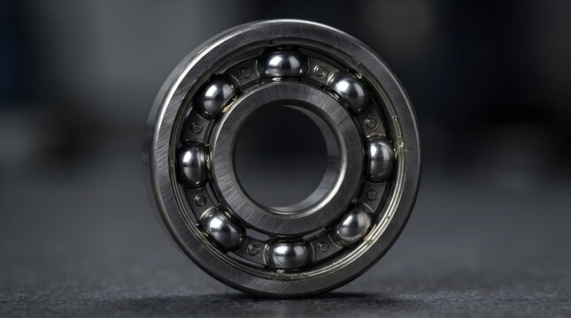 Metal ball bearing standing on a dark textured surface