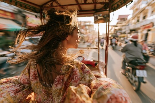 Woman taking a tuk-tuk ride through busy city streets with hair blowing in the wind, with a clean uncluttered composition