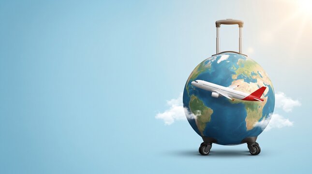 A spherical suitcase shaped like planet earth with an airplane flying above against blue background with trip
