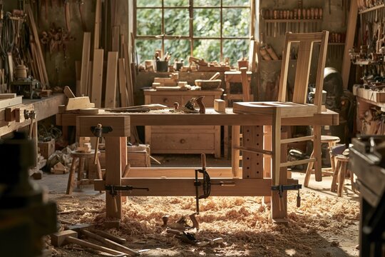 Woodworking bench with a half-built wooden chair, sawdust and clamps in a sunlit workshop, with a shallow depth of field