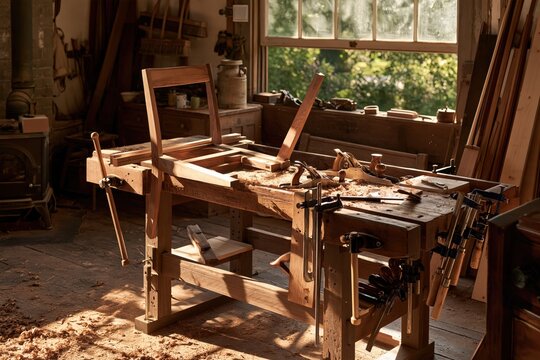 Woodworking bench with a half-built wooden chair, sawdust and clamps in a sunlit workshop, in a calm cinematic mood