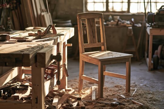 Woodworking bench with a half-built wooden chair, sawdust and clamps in a sunlit workshop, with a clean uncluttered composition