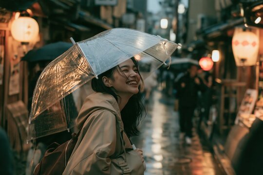 Young Asian woman laughing under a clear umbrella caught in sudden rain in a lantern-lit alley, with generous copy space