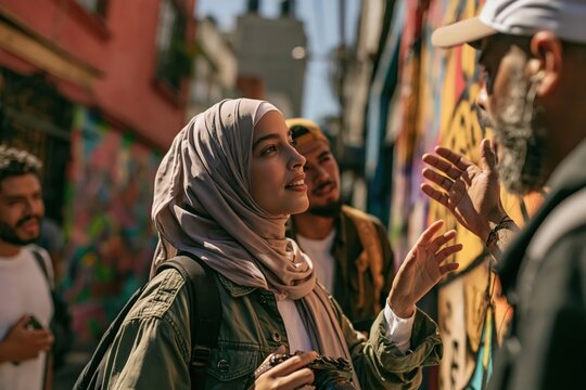 Young Muslim woman in a hijab photographing colorful street art and chatting with locals, with generous copy space