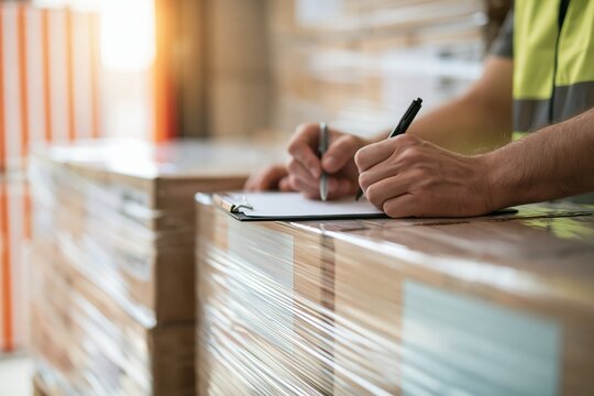Warehouse worker checking inventory on cardboard boxes