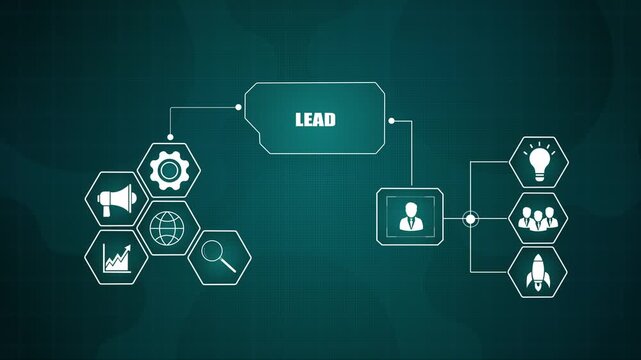 Lead generation business growth concept, digital marketing strategy HUD animation, customer sales funnel infographic background.