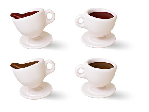 Four white cups of coffee on saucers transparent background