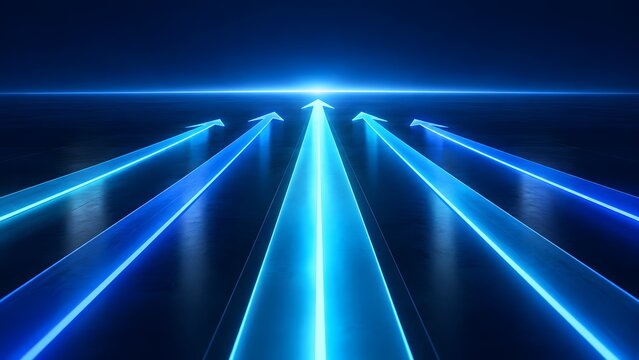 Abstract Business Concept of Leadership and Growth with Multiple Glowing Blue Neon Arrows Moving Forward Towards a Bright Light on a Dark Reflective Surface Representing Success and Future Vision
