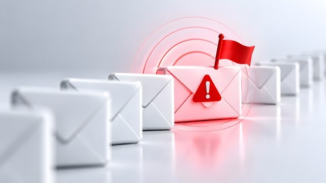 3D render of an email envelope with a red warning flag and exclamation mark symbol representing cyber security threat, phishing attack, spam detection, or malicious data breach alert.