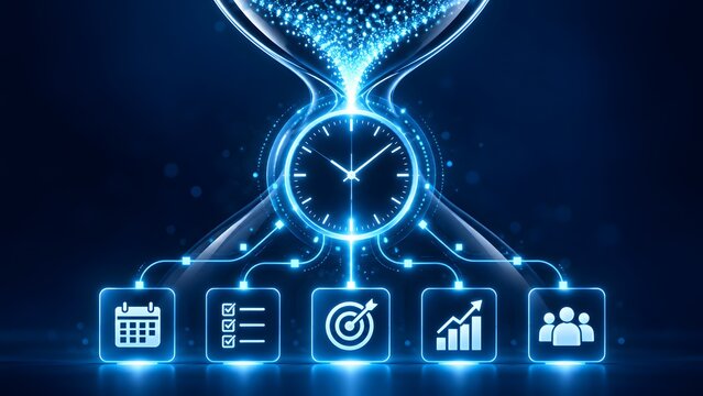Conceptual digital time management illustration showing a glowing hourglass with business icons representing scheduling, tasks, goals, growth, and teamwork in a futuristic blue neon style.