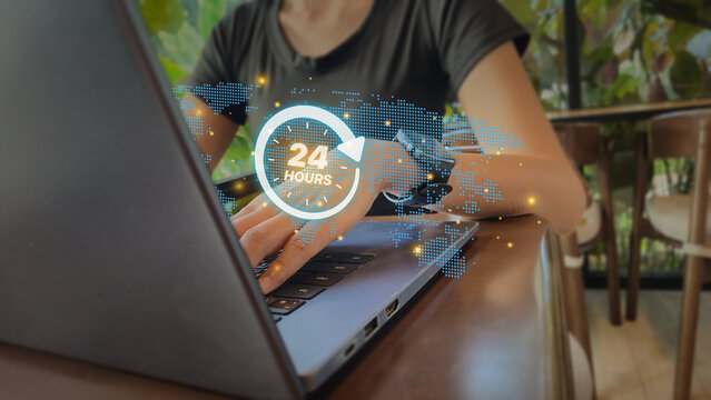 24 hours global connectivity digital communication concept with laptop and holographic world map icons for online service templates