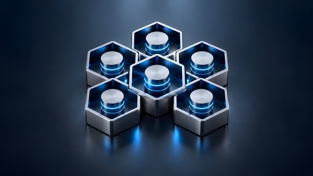 Futuristic 3D Render of Metallic Hexagonal Nodes with Glowing Blue Neon Light Accents Representing High Tech Data Processing Cloud Computing and Advanced Blockchain Technology Structure