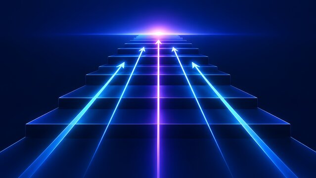 Abstract conceptual background of blue glowing neon stairs with rising arrows pointing towards a bright light at the top representing success, career growth, achievement, and digital future technology