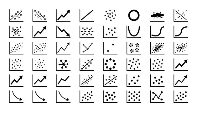 data analysis scatter plot correlation statistical distribution and data science solid icon set.