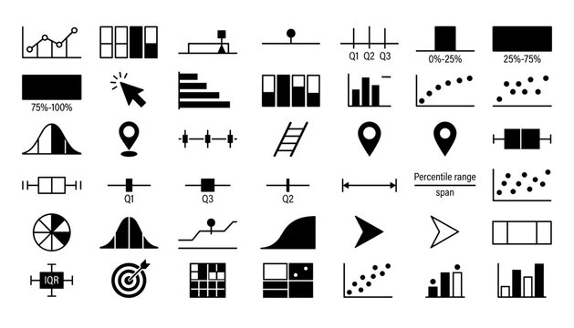 data analytics box plot normal distribution percentile range and statistical chart solid icon set.
