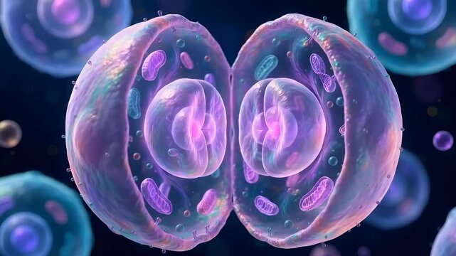 Cell division animation with glowing purple nuclei