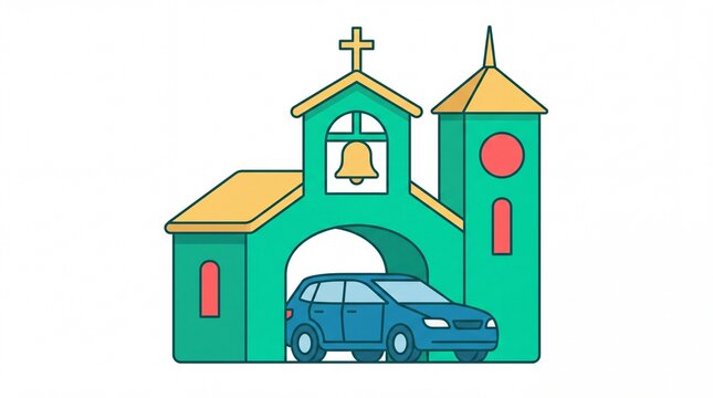 A blue car drives through an archway of a green church building with a bell and cross.