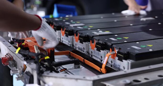 Close-up of a technician wearing gloves connecting wiring to an electric vehicle battery pack. Battery modules, orange electrical connections, and wiring harnesses are visible inside the open housing 