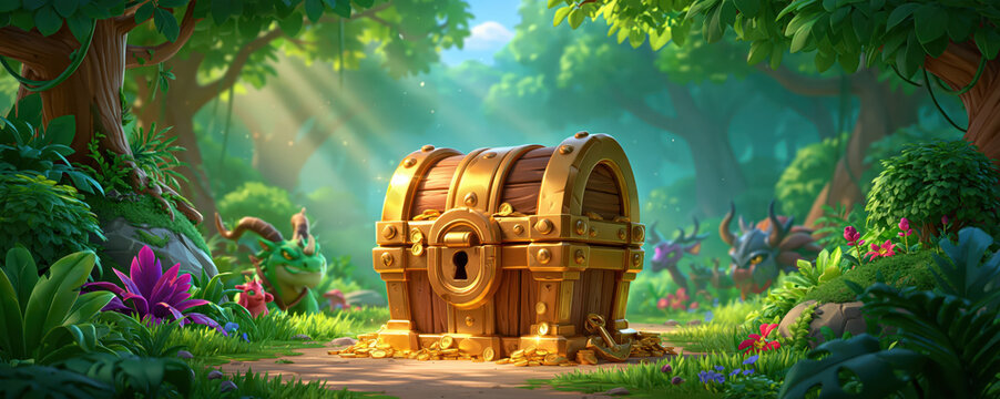 Golden treasure chest in lush forest clearing with sunlight, flowers, and playful woodland creature