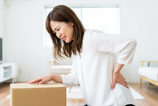 日本人女性の腰痛シーン｜荷物を持ち上げた時に腰を押さえて痛みを感じている｜身体の負担・引っ越し作業のイメージ