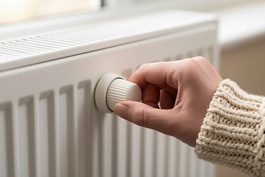 Hand adjusting radiator thermostat knob for home heating