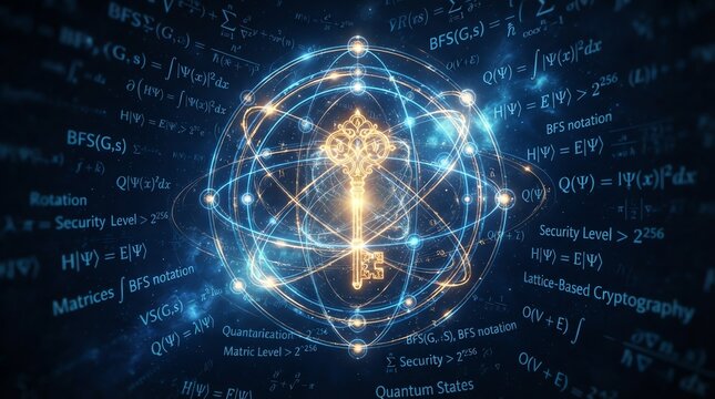 Glowing gold key surrounded by quantum physics formulas