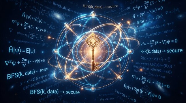 Golden key inside atomic structure with mathematical formulas