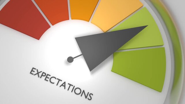 A speedometer with the word expectations represents the surpassing of expectations of the people you deal with, whether they are customers, superiors or others who need things from you