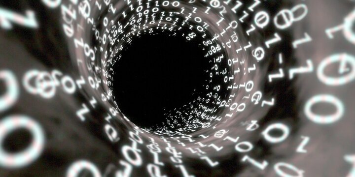 Digital tunnel of binary code spiraling into darkness